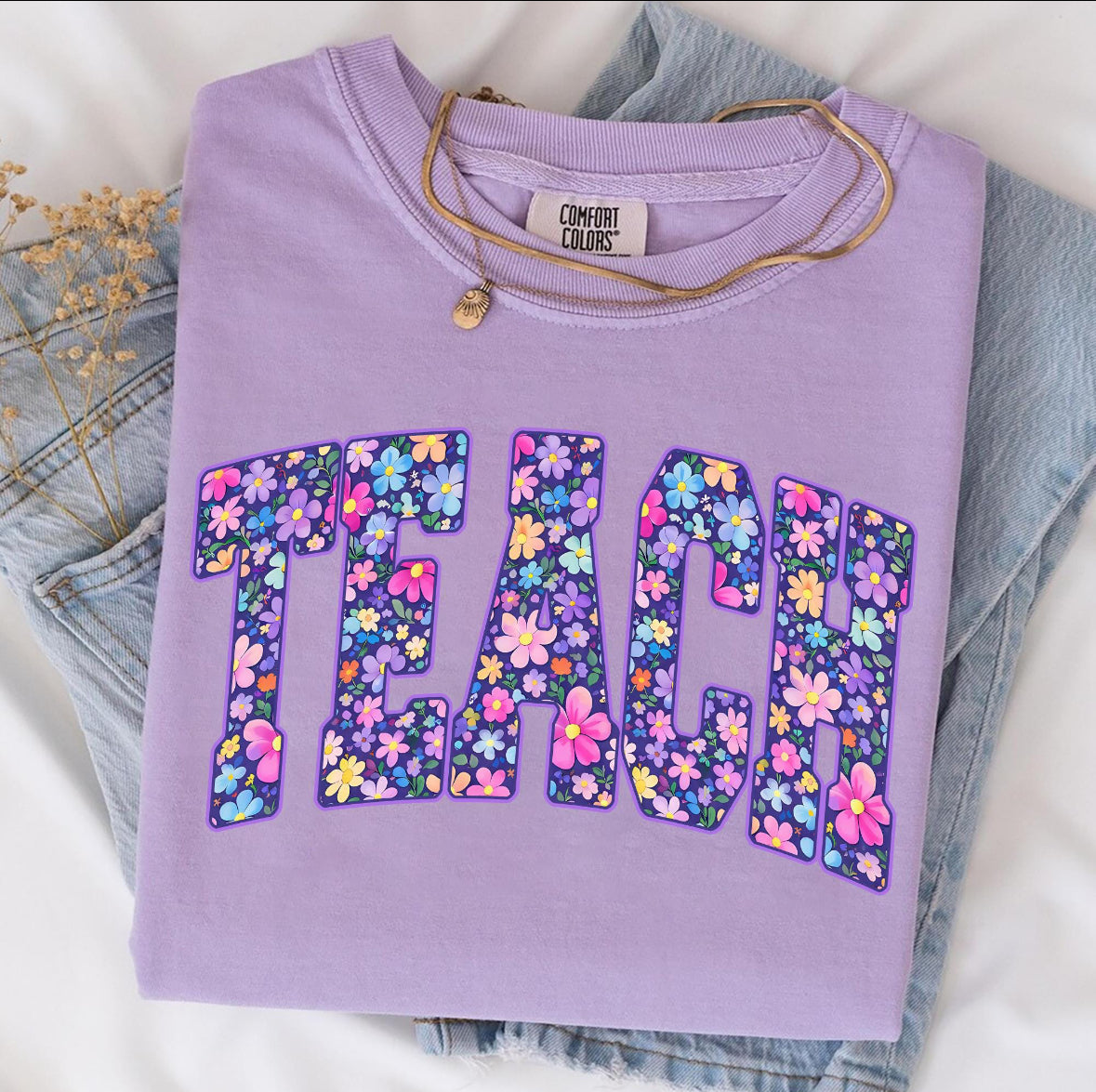 Floral Teach Comfort Color Short Sleeve