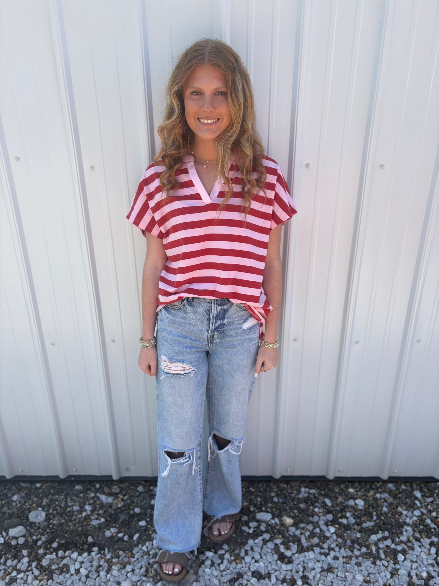 Red Pink Stripe Top
