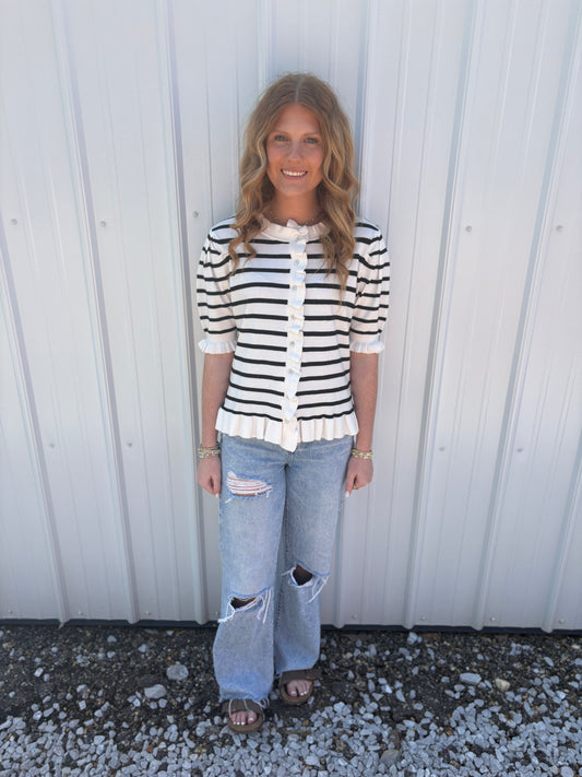 White Black Stripe Button Down Short Sleeve Sweater