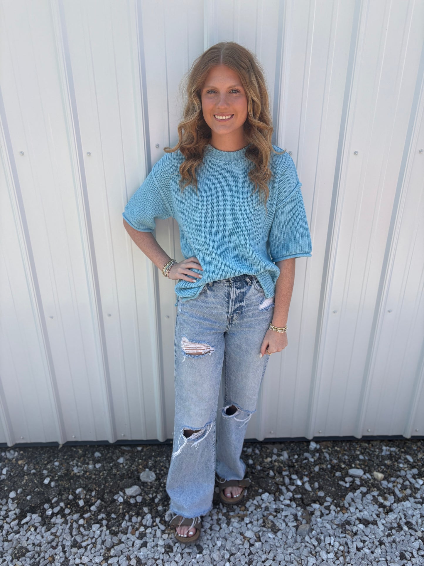 Mist Blue Short Sleeve Sweater