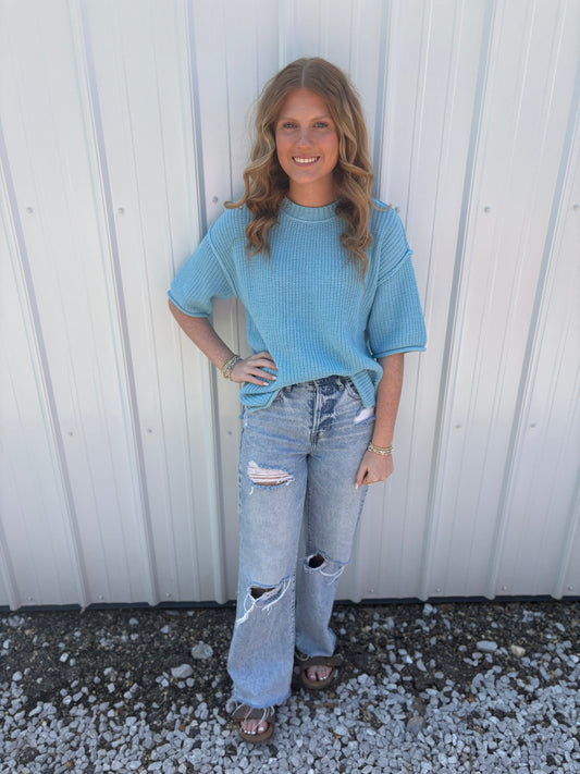 Mist Blue Short Sleeve Sweater
