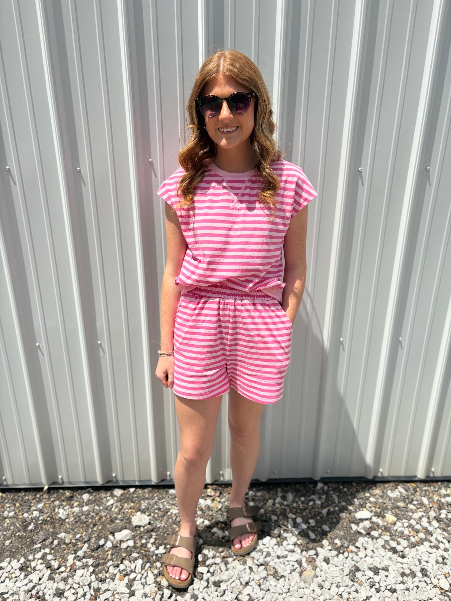 Pink Stripe Short Sleeve Shorts Set