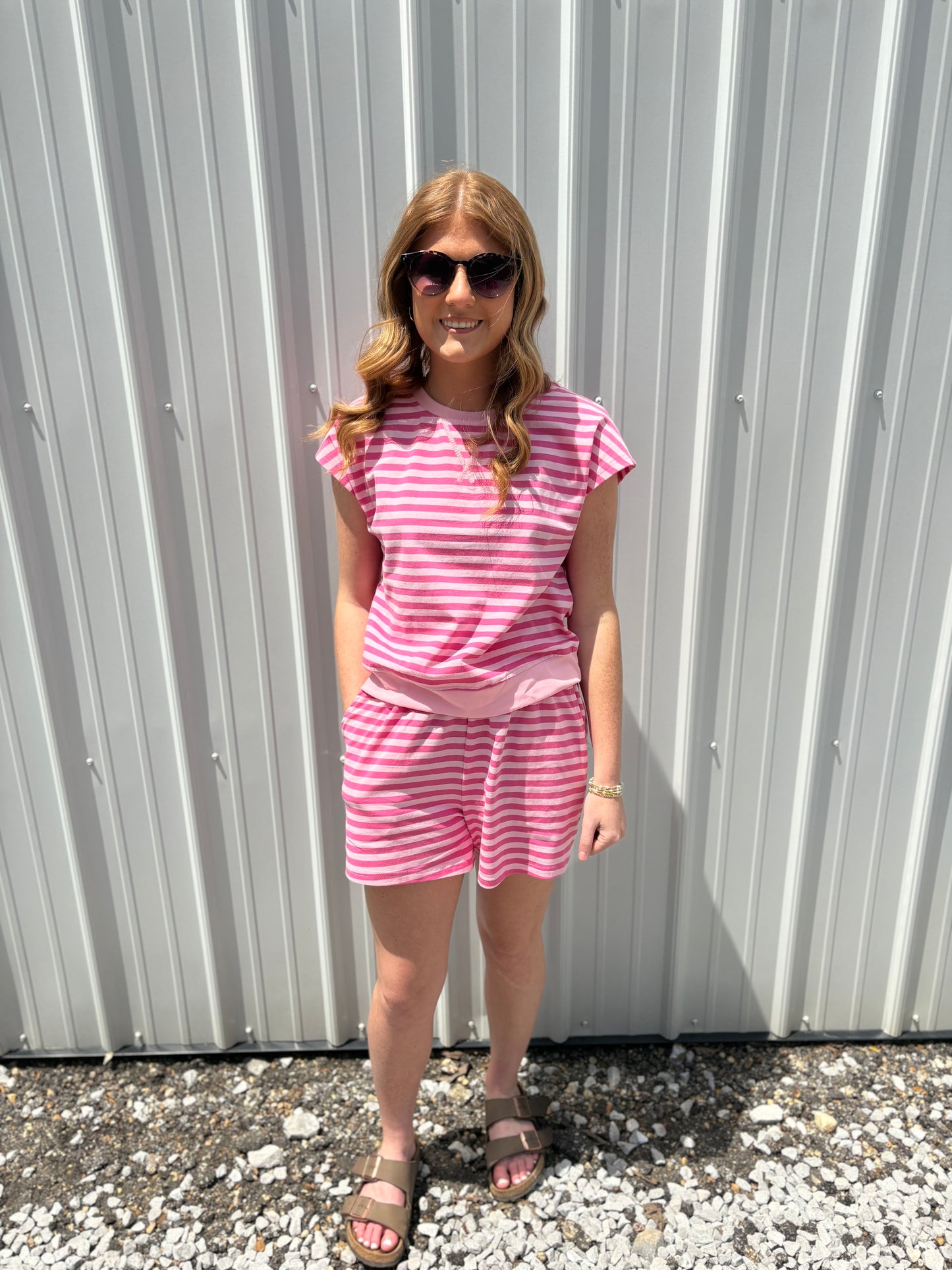 Pink Stripe Short Sleeve Shorts Set