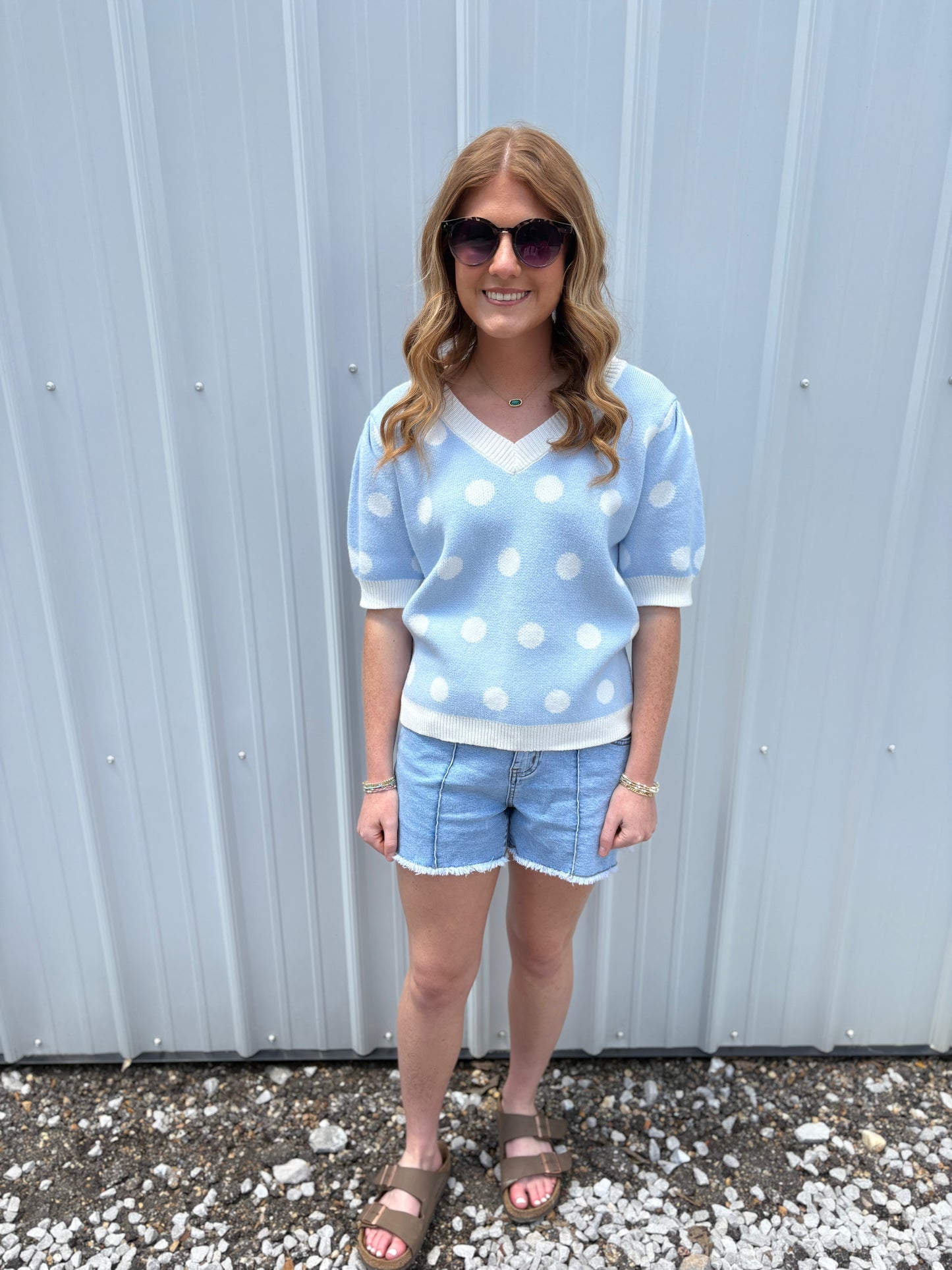 Blue Short Sleeve Polka Dot Sweater