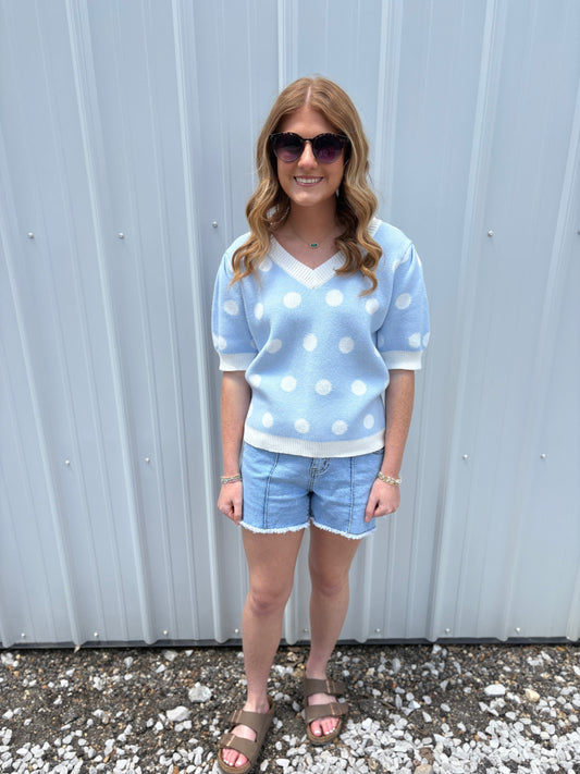 Blue Short Sleeve Polka Dot Sweater