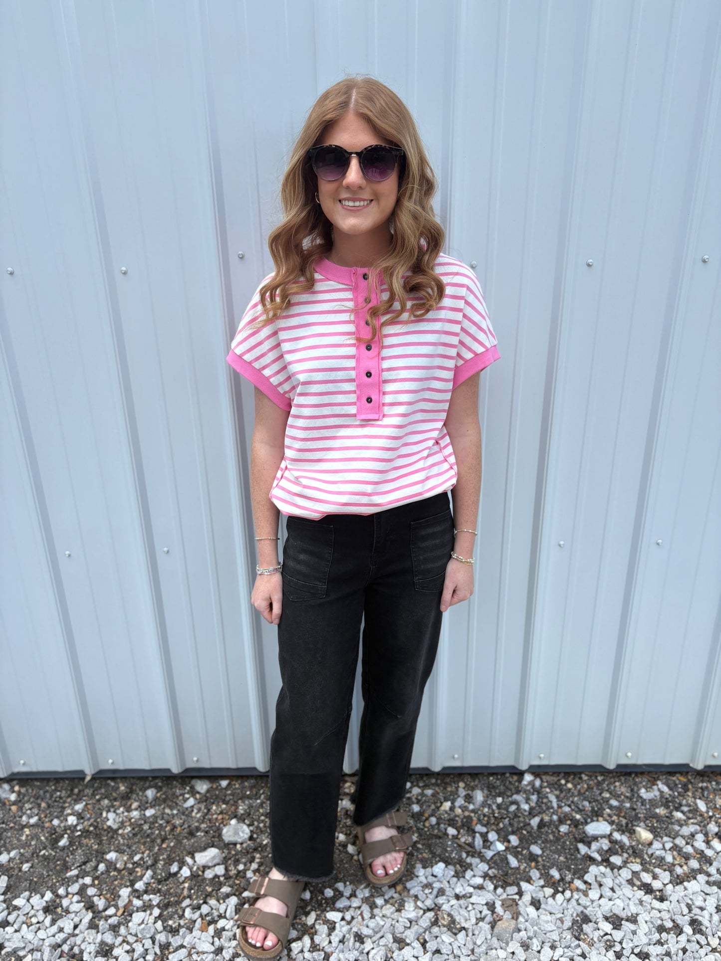 Pink Stripe Oversized Henley Top