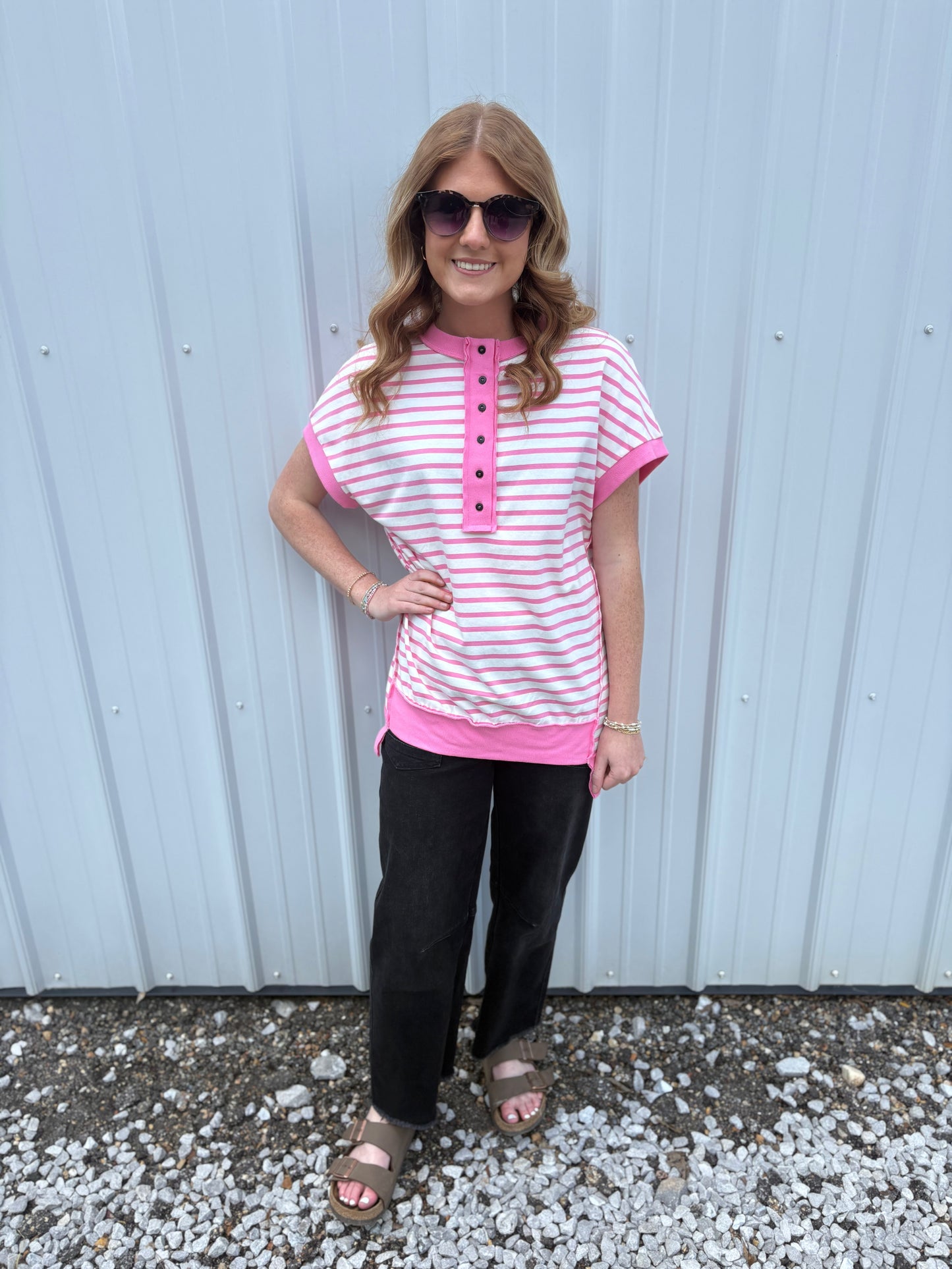 Pink Stripe Oversized Henley Top