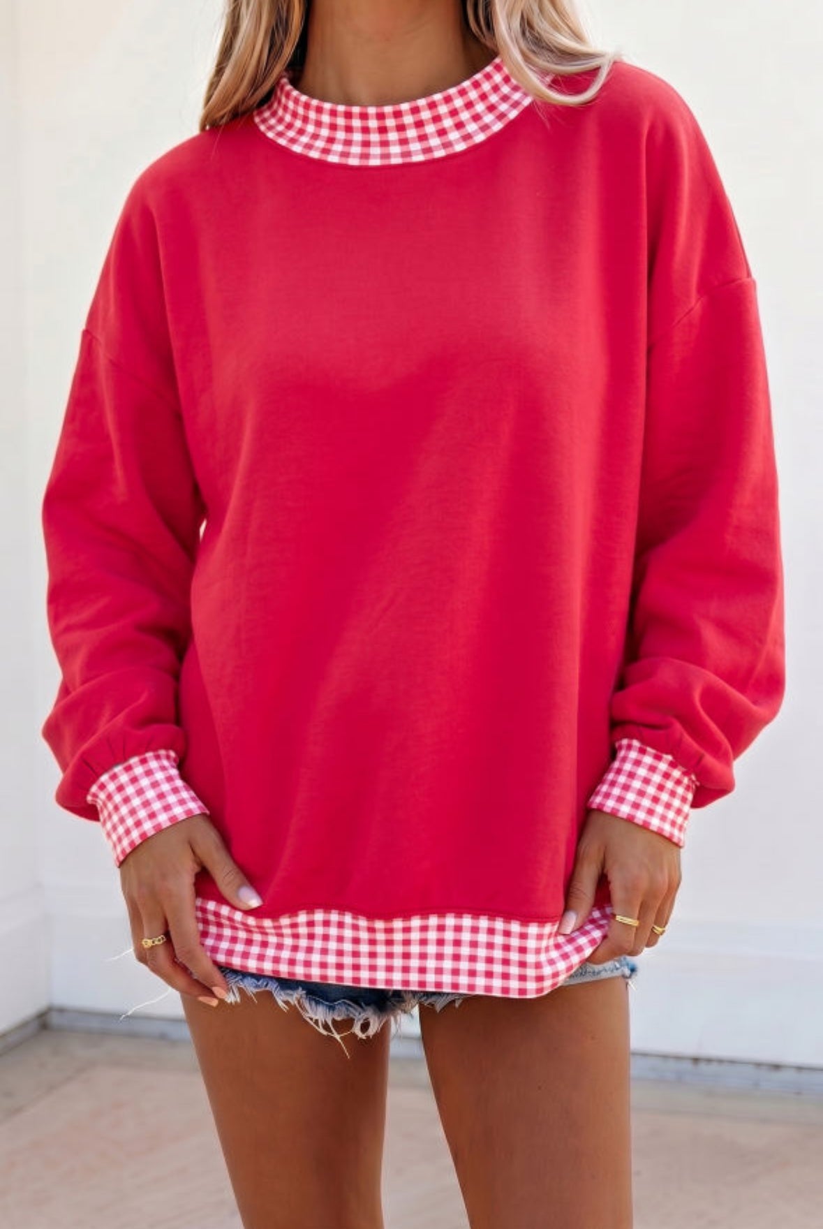 Red Gingham Mock Neck Sweatshirt