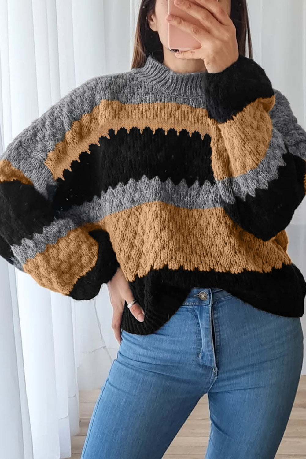 PRE-ORDER Khaki Color Block High Neck Baggy Sweater