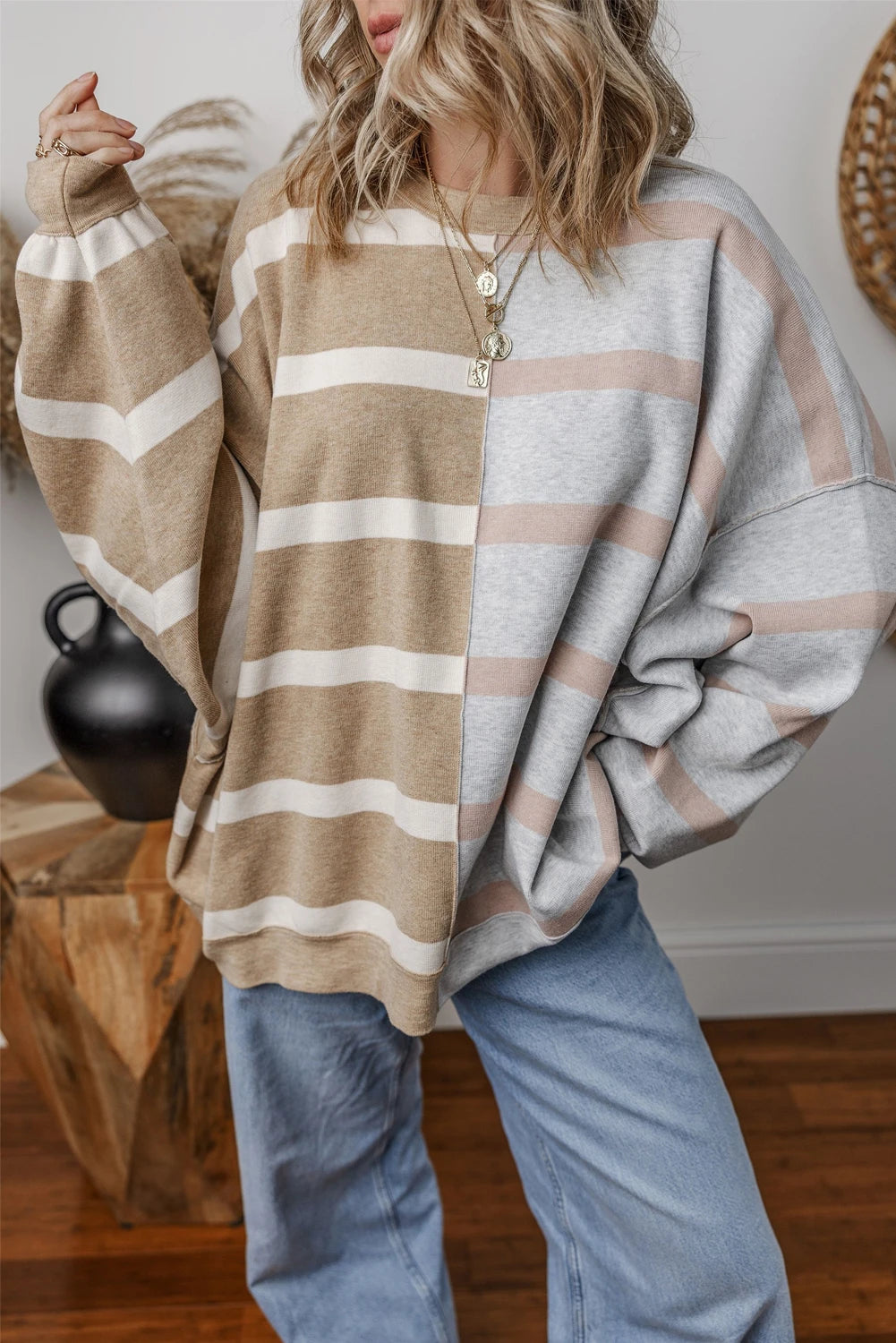 PRE-ORDER Khaki Stripe Colorblock Oversized Sweater