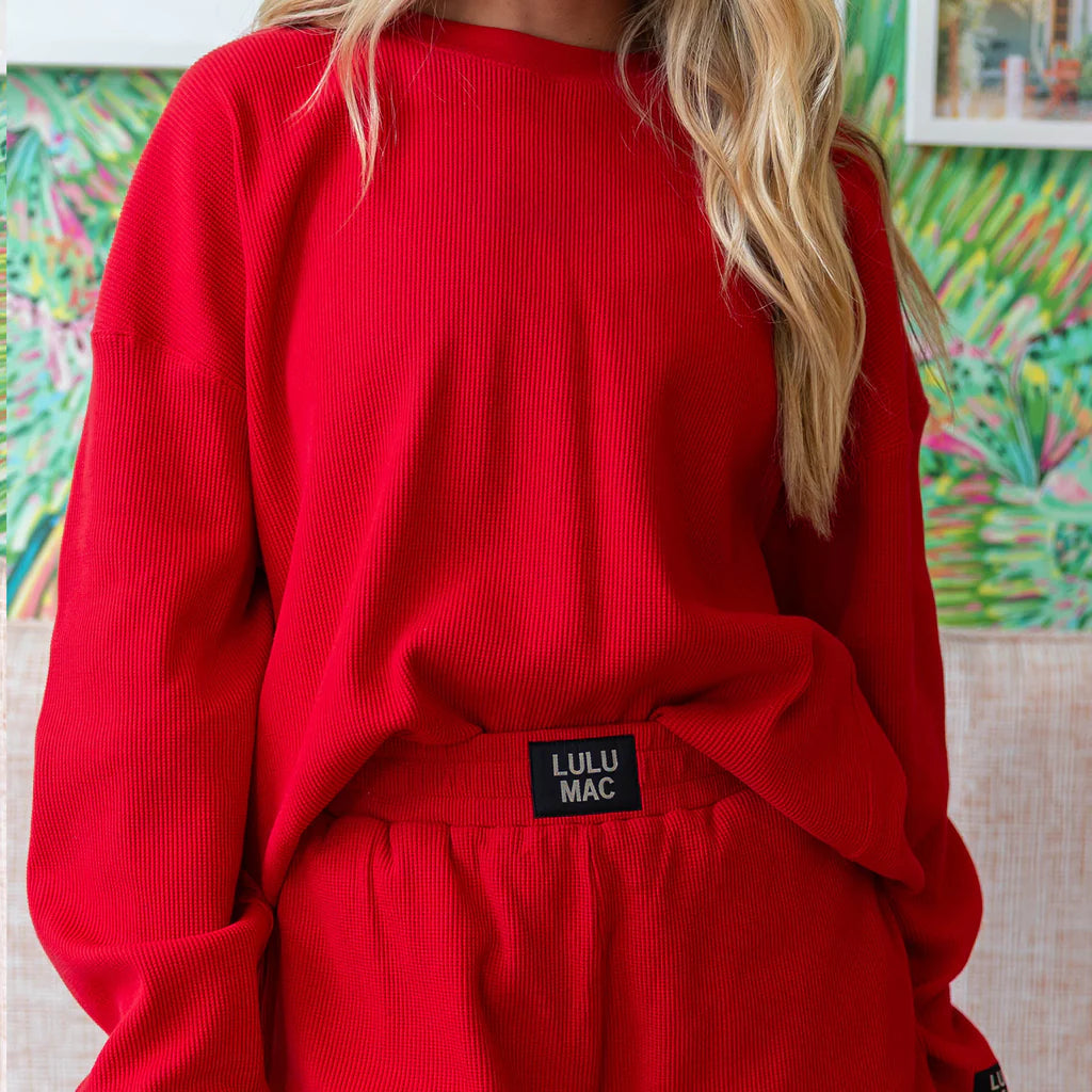 LULU MAC Waffle Pop Red Long Sleeve Top