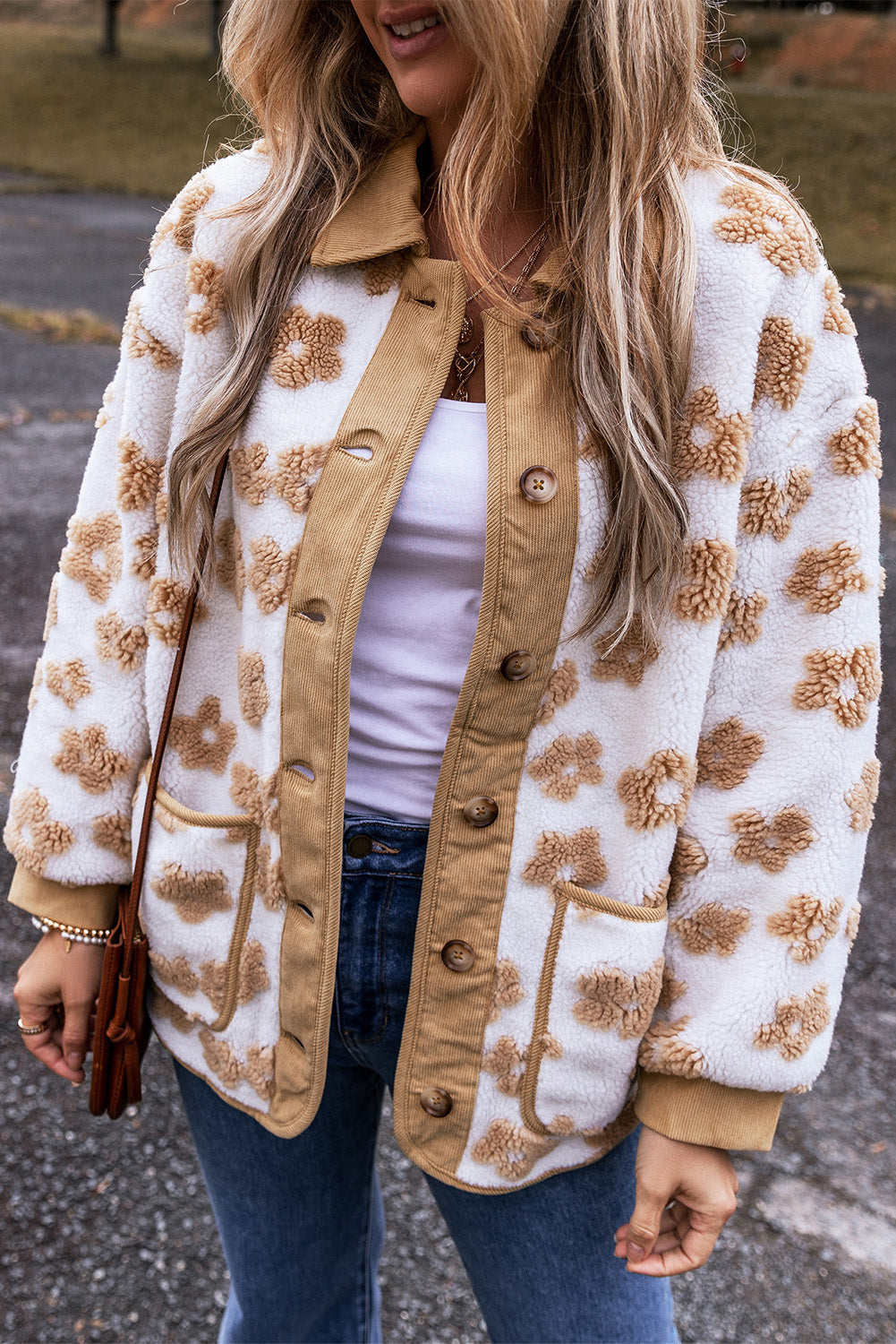 PRE-ORDER Beige Flower Button Up Fleece Jacket
