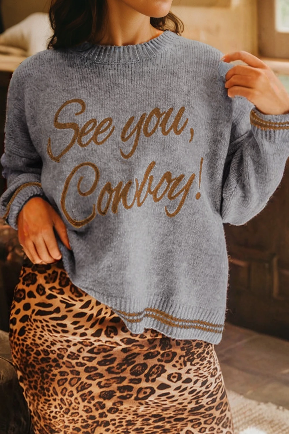 PRE-ORDER Light Grey See You Cowboy Embroidered Sweater