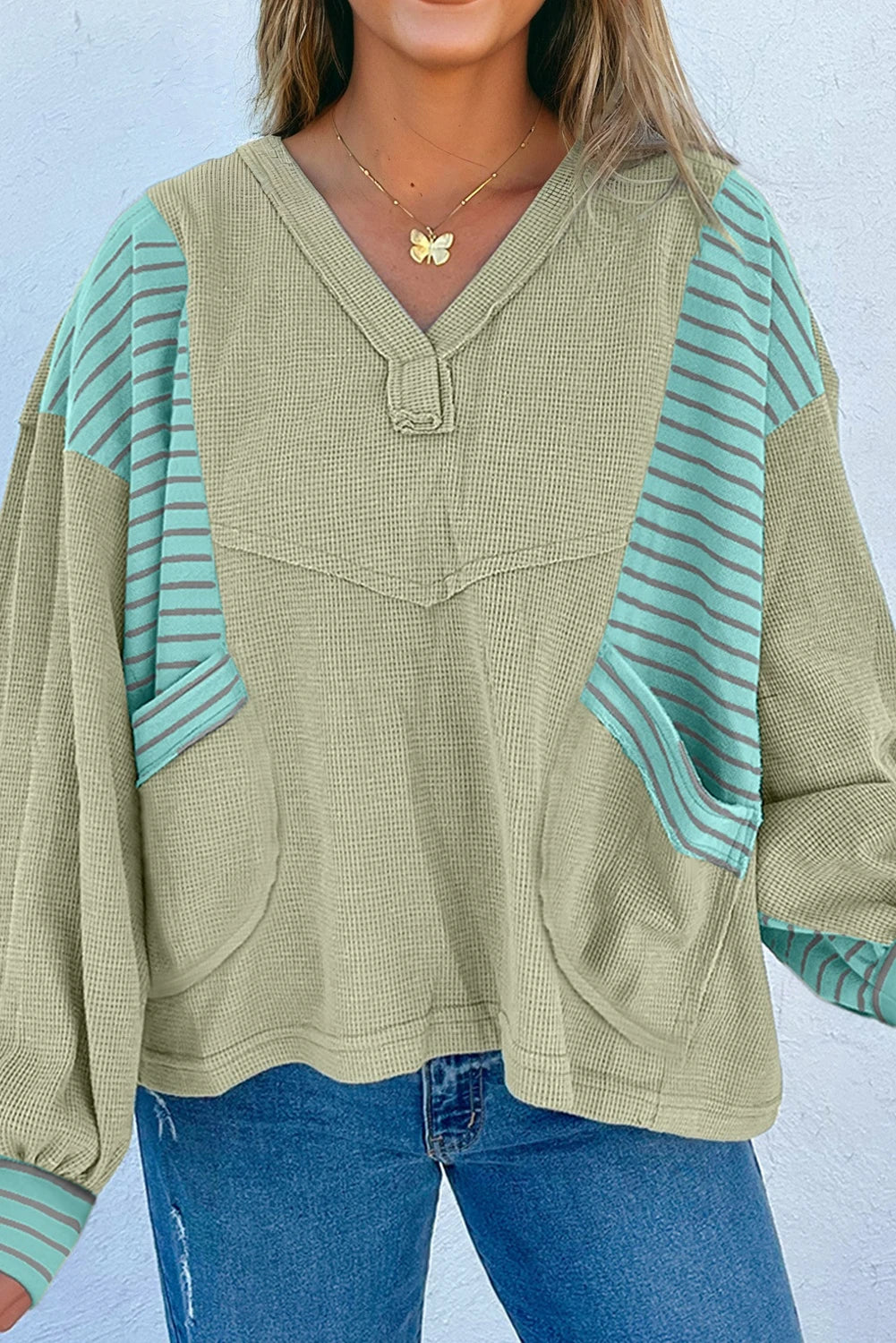 Meadow Mist Green Exposed Seam Waffle Striped Long Sleeve Top