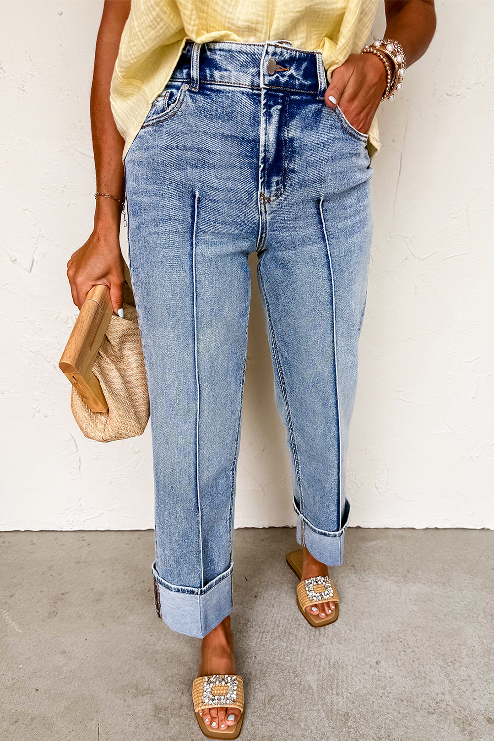 PRE-ORDER Center Seam Cuffed Hem Straight High Waist Jeans