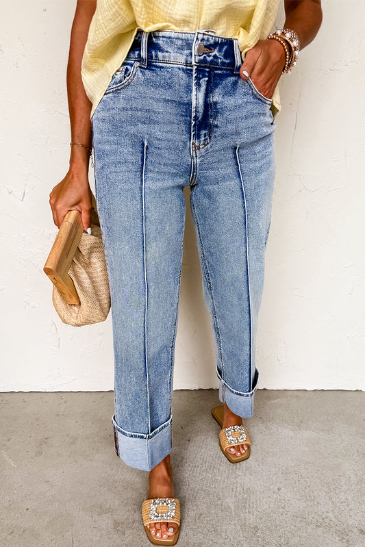 PRE-ORDER Center Seam Cuffed Hem Straight High Waist Jeans