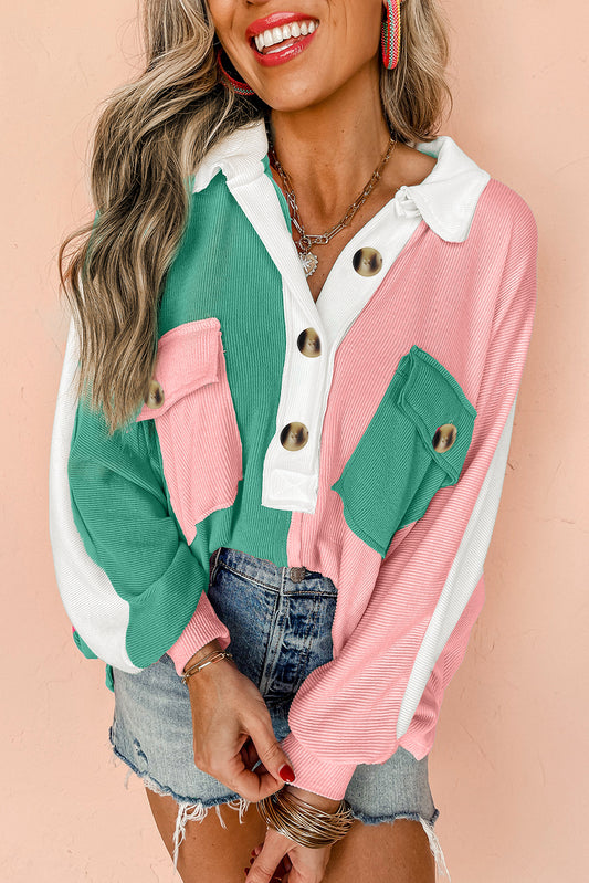 PRE-ORDER Pink and Green Ribbed Collared Oversized Sweatshirt
