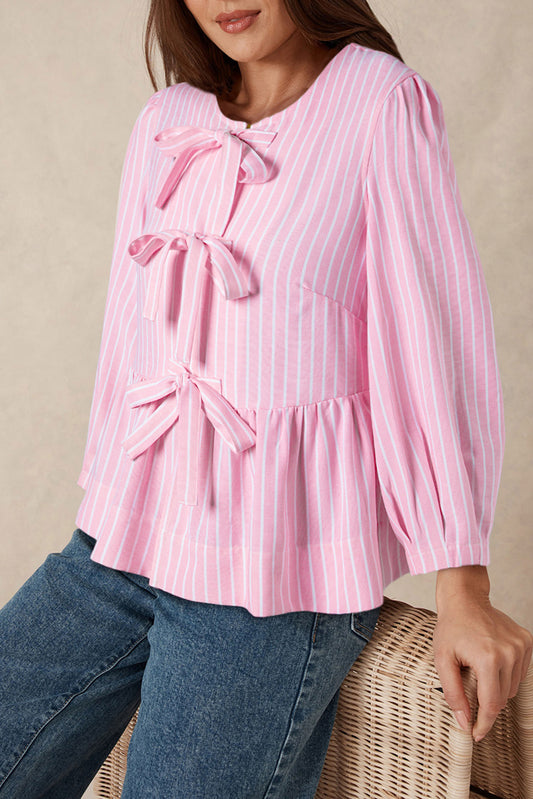 PRE-ORDER Pink Stripe Bowknot Front Crew Neck Puff Sleeve Blouse