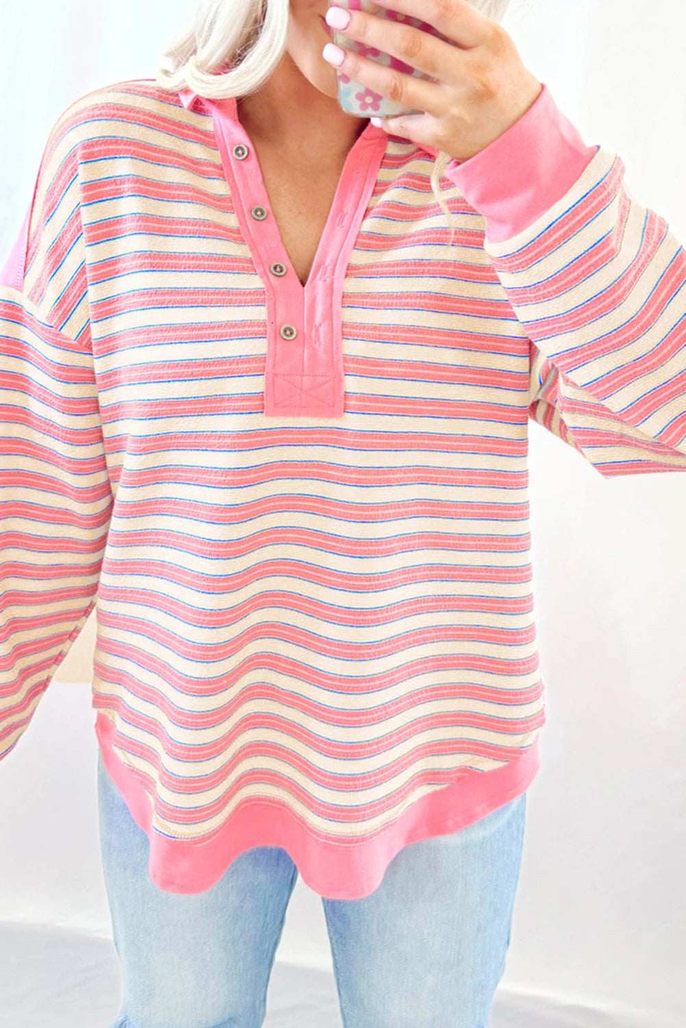 PRE-ORDER Pink Candy Stripe Buttoned V Neck Top