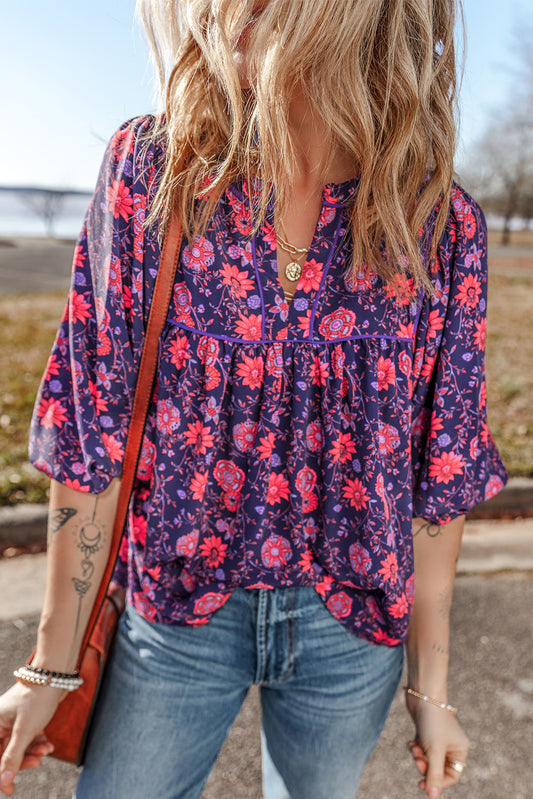 PRE-ORDER Purple Floral Half Sleeve Split Neck Blouse Top