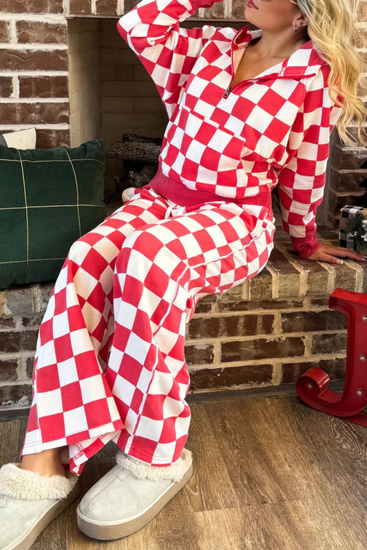 PRE-ORDER Red Checkered Half Zip Hoodie Pants Set