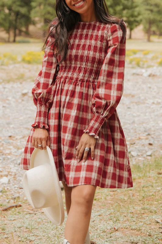 PRE-ORDER Red Plaid Smocked Mini Dress