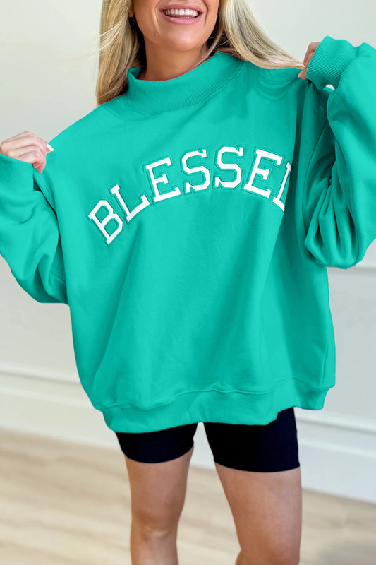 PRE-ORDER Sea Green Blessed Embroidered Mock Neck Sweatshirt