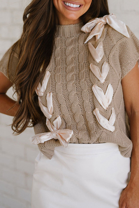 PRE-ORDER Taupe Cable Knit Short Sleeve Sweater Top