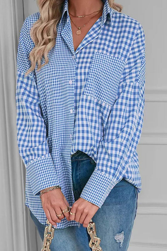 PRE-ORDER Blue Stripe Plaid Button up Long Sleeve Top