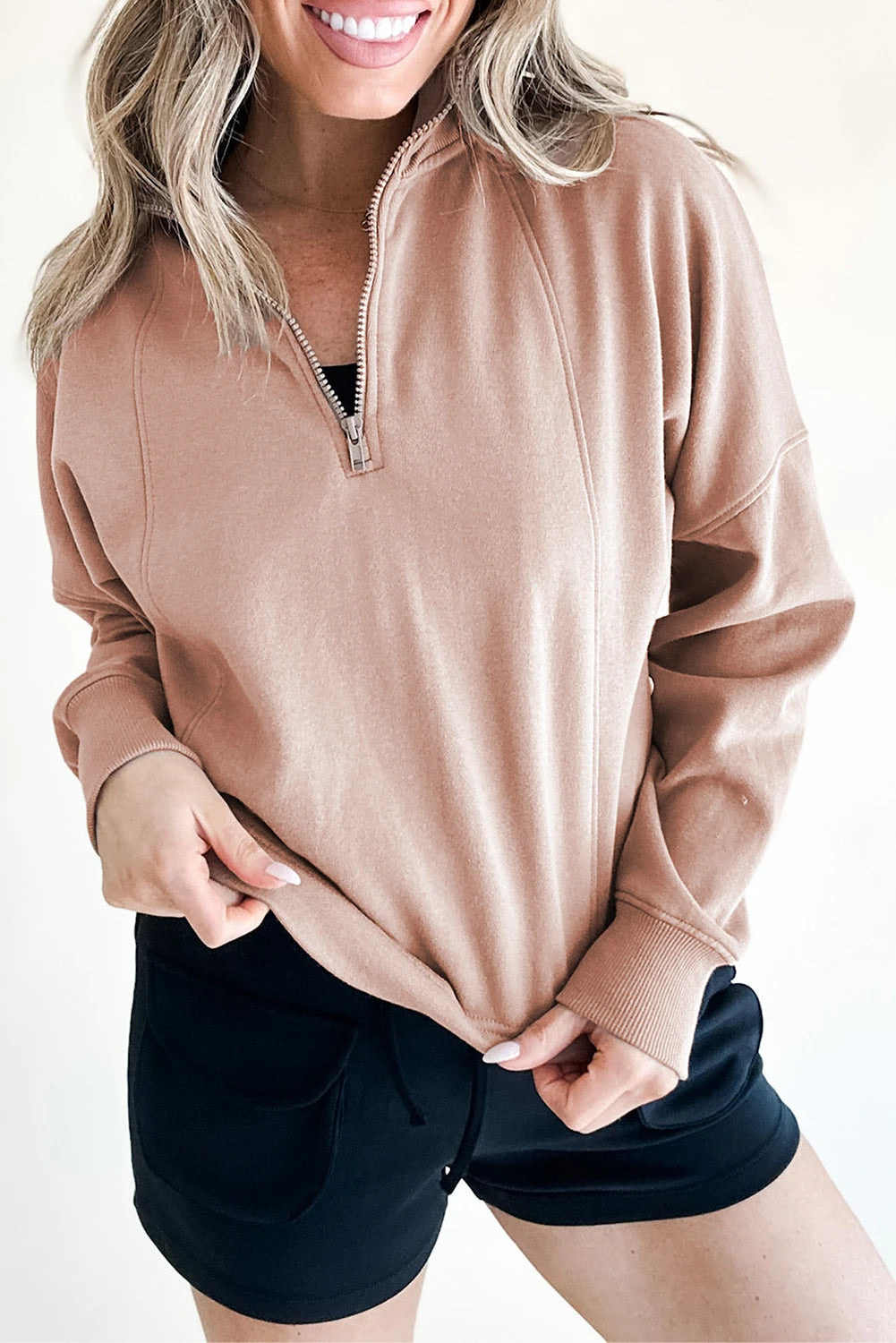 Light Pink Zipped Neck Pullover Sweatshirt