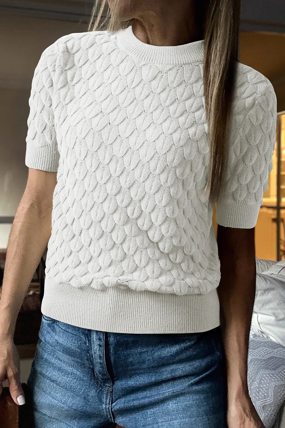 PRE-ORDER White Fish Scale Short Sleeve Sweater