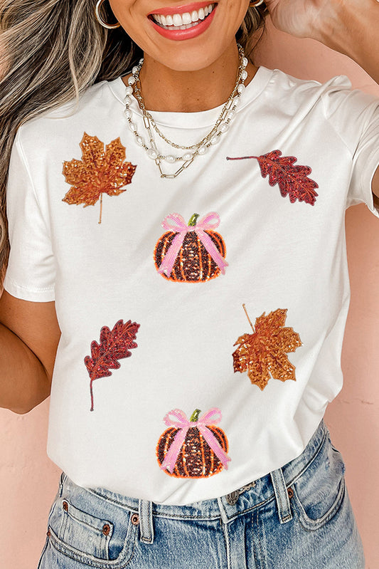 PRE-ORDER White Sequined Pumpkin Leaves T Shirt