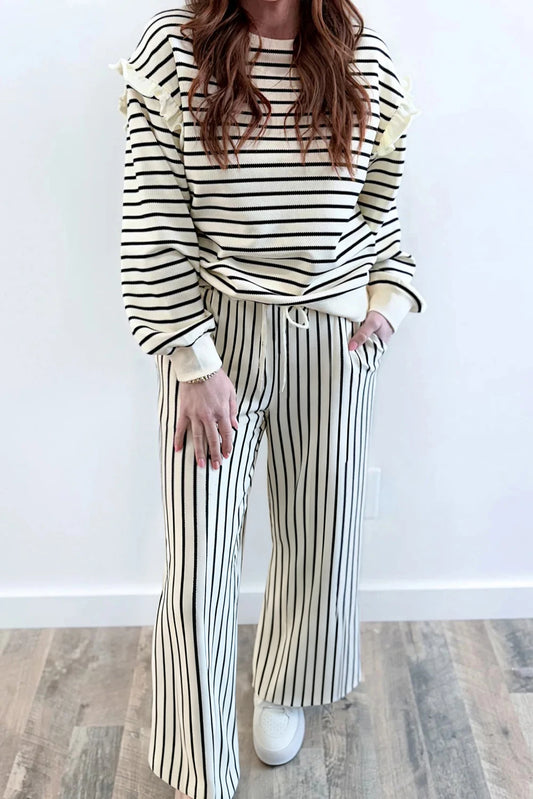PRE-ORDER White Stripe Long Sleeve Loose Pant Set