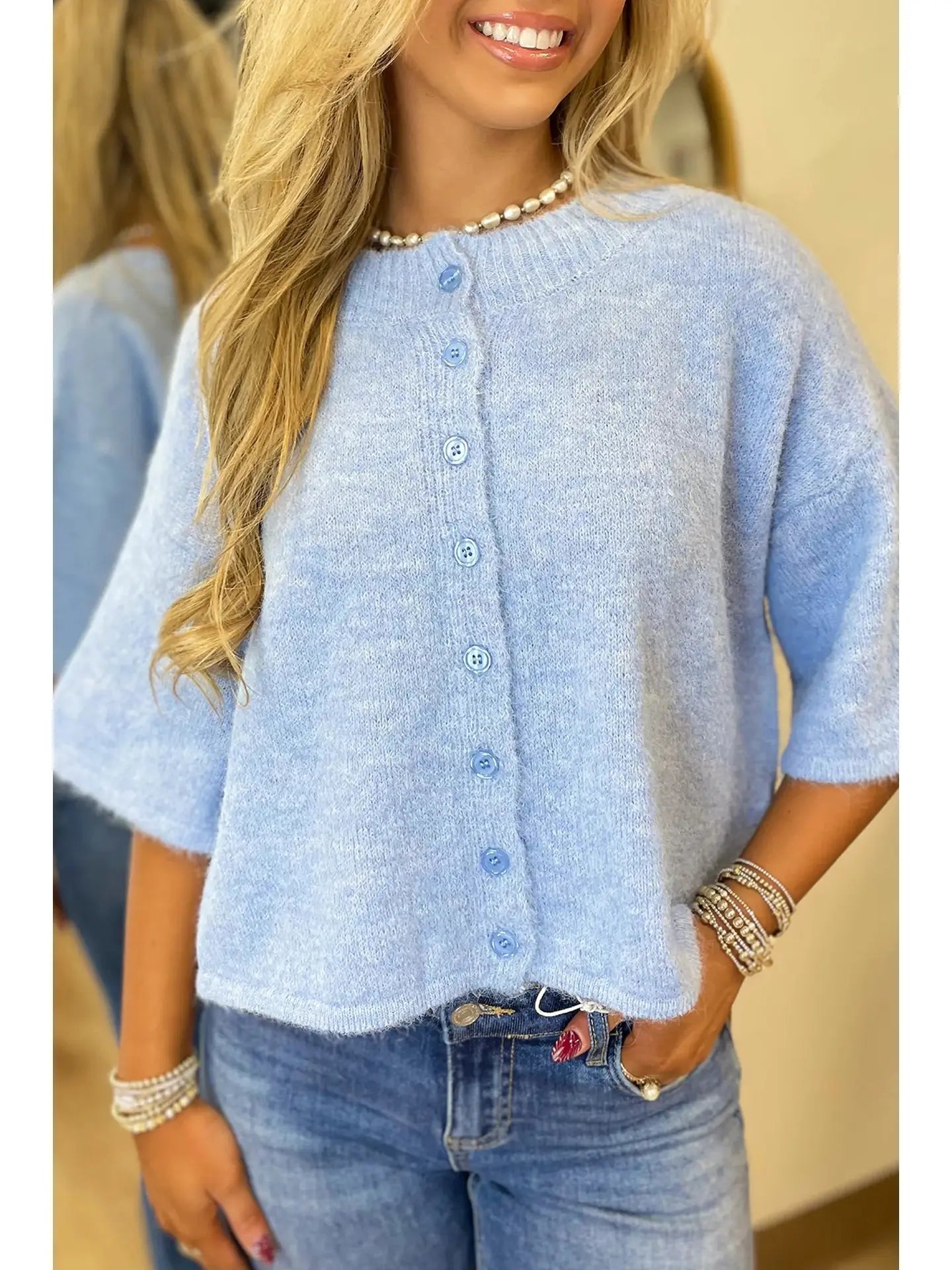 Blue Button Up Short Sleeve Sweater