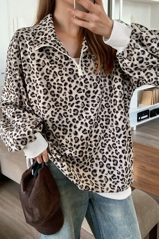PRE-ORDER Beige Leopard Quarter Zip Corduroy Pullover