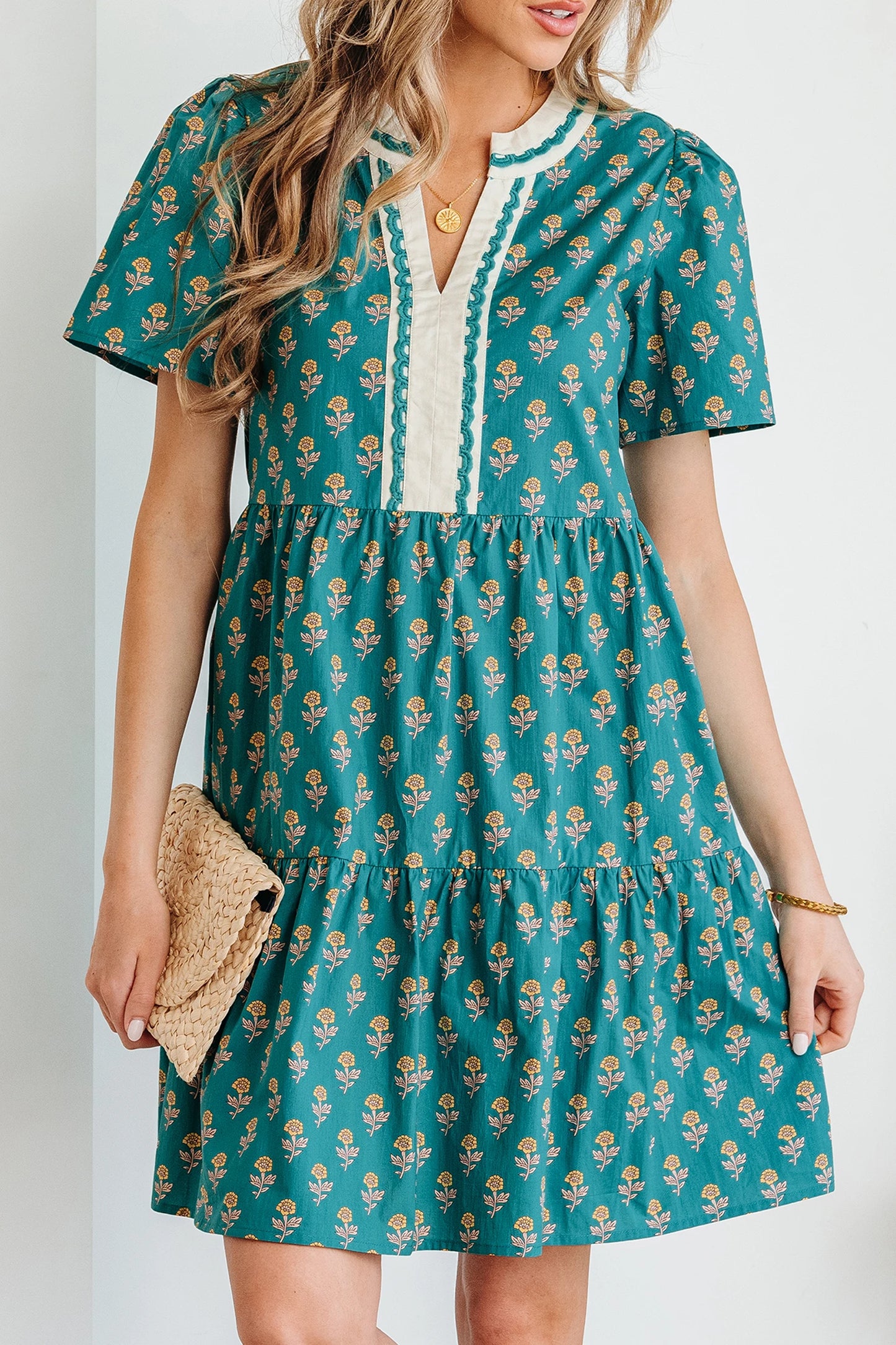 Green Floral Short Sleeve Mini Dress