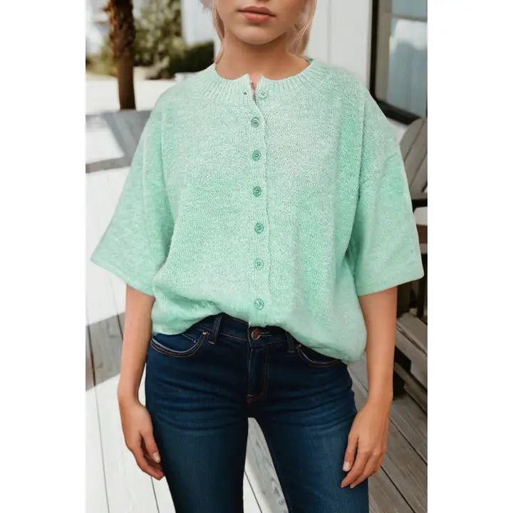 Mint Green Button Up Short Sleeve Sweater