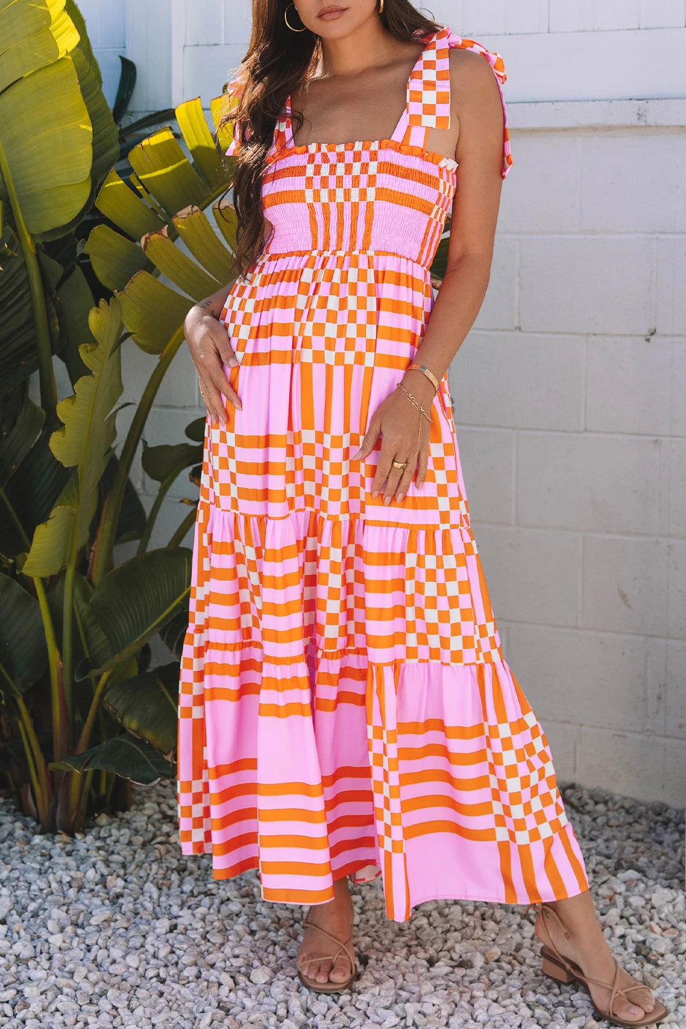 Pink Boho Orange Tie Straps Maxi Dress