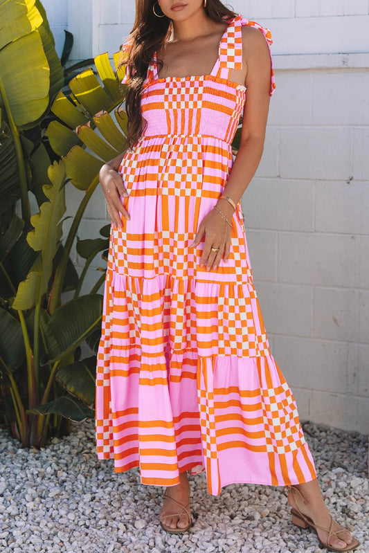 Pink Boho Orange Tie Straps Maxi Dress
