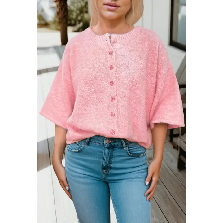 Pink Button Up Short Sleeve Sweater