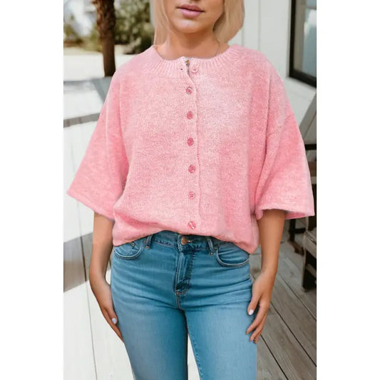Pink Button Up Short Sleeve Sweater