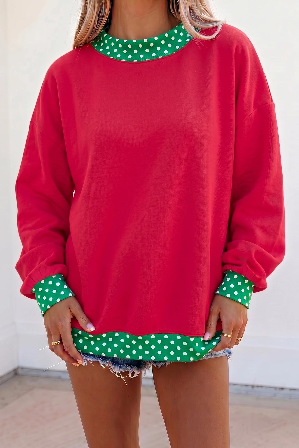 Red & Green Polka Dot Mock Neck Sweatshirt