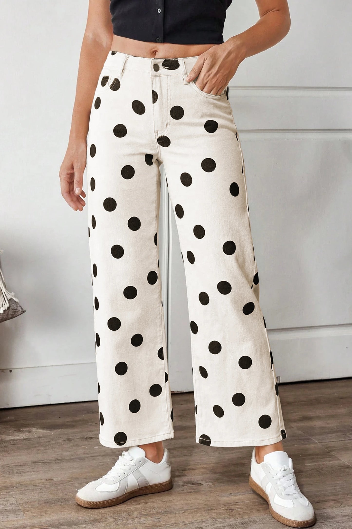 Classic White/Black Polka Dot Wide Leg Jeans